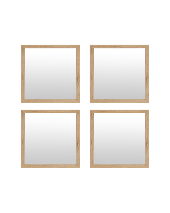 Set de 4 espejos de pared cuadrados de madera tono natural de 30x30cm