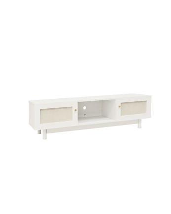 Mueble de TV de madera maciza y tejido de lino de 2 puertas en tono blanco de 150x40cm