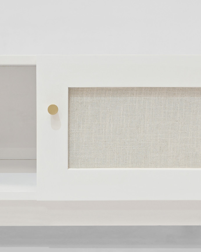 Mueble de TV de madera maciza y tejido de lino de 2 puertas en tono blanco de 150x40cm