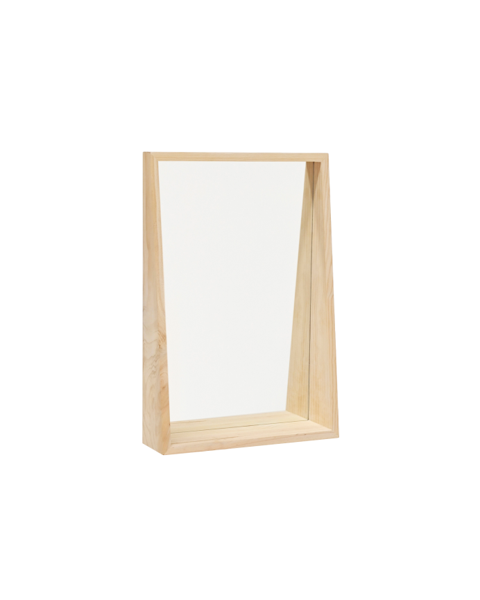 Espejo redondo para pared con un estante fabricado en madera con