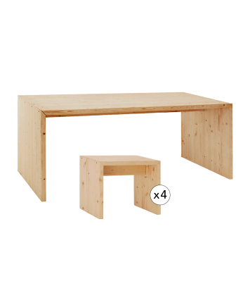 Pack mesa de comedor y 4 taburetes de madera maciza en tono roble medio de 120cm