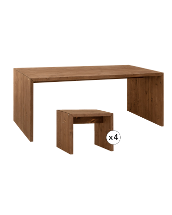 Pack mesa de comedor y 4 taburetes de madera maciza en tono nogal de 120cm