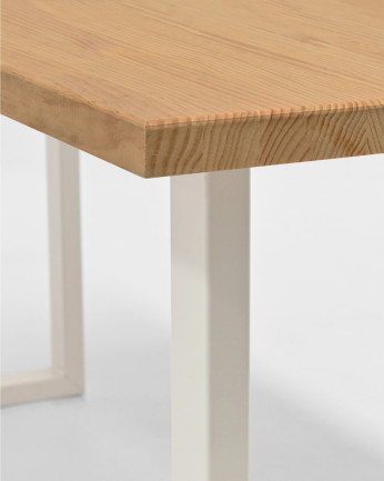 Mesa de comedor de madera maciza acabado roble medio con patas de hierro blancas de varias medidas