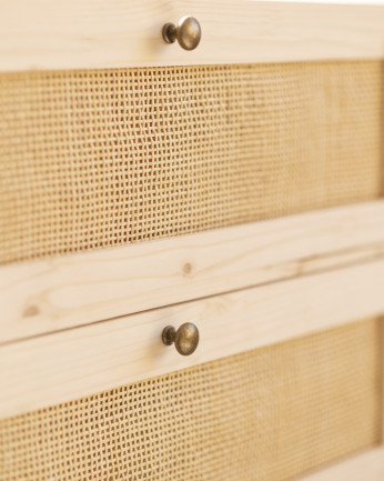 Pack de armario y cómoda 6 cajones de madera maciza y rafia en tono natural