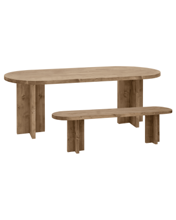 Pack mesa de comedor ovalada y banco de madera maciza en tono roble oscuro de varias medidas