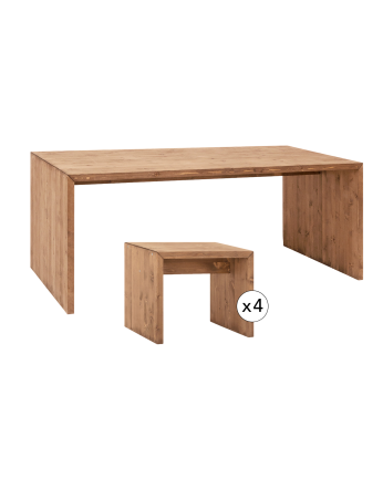 Pack mesa de comedor y 4 taburetes de madera maciza en tono roble oscuro de 120cm