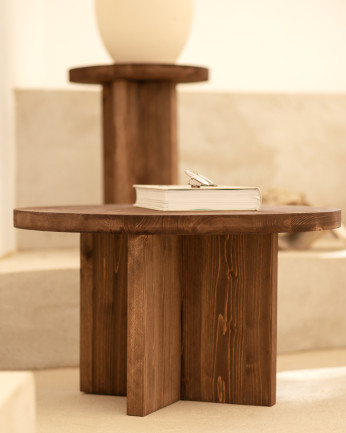 Mesa de centro redonda de madera maciza acabado nogal de varias medidas