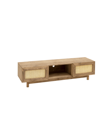 Mueble de TV de madera maciza y rafia de 2 puertas en tono roble oscuro de 150x40cm