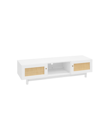 Mueble de TV de madera maciza y rafia de 2 puertas en tono blanco de 150x40cm