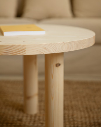 Mesa de centro redonda de madera maciza en tono natural de 40x60cm