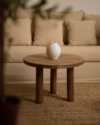 Mesa de centro redonda de madera maciza en tono roble oscuro de 40x60cm