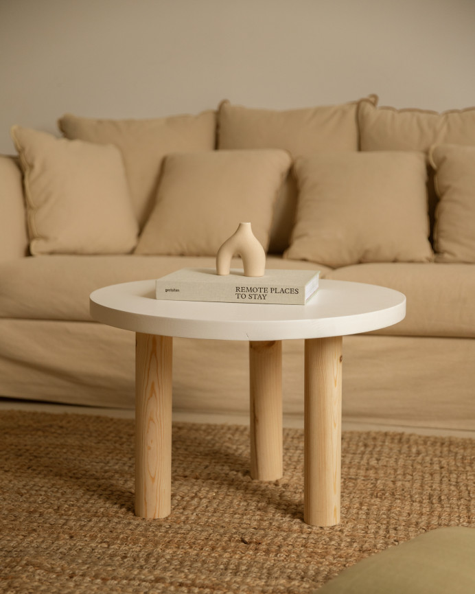Mesa de centro redonda de madera maciza sobre en tono blanco y patas tono natural de 40x60cm