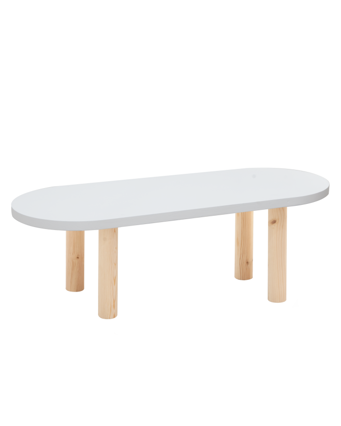 Mesa de centro ovalada de madera maciza sobre en tono blanco y patas tono natural de 40x120cm