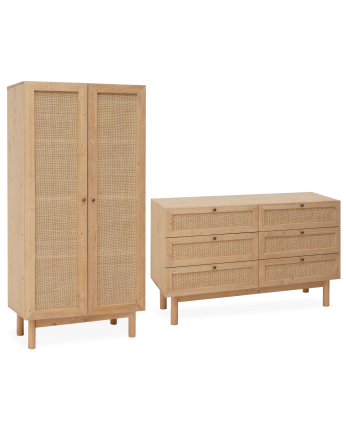 Pack de armario y cómoda 6 cajones de madera maciza y rafia en tono roble medio