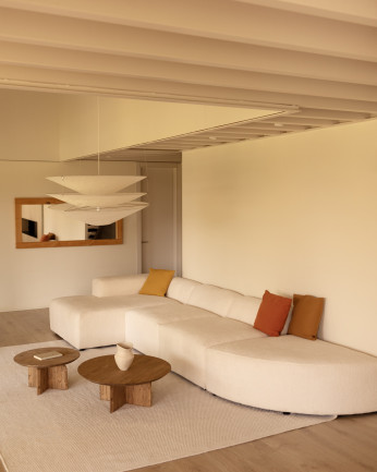 Sofá de 4 módulos curvo con chaise longue de bouclé color blanco 410x172cm