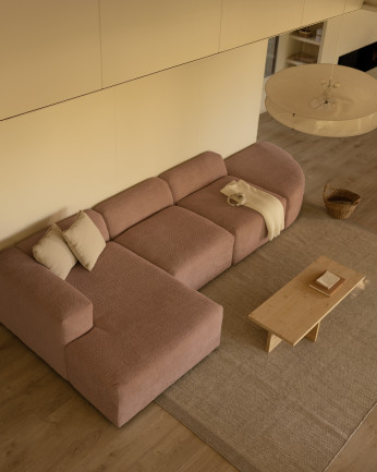 Sofá de 4 módulos curvo con chaise longue de bouclé color rosa 410x172cm