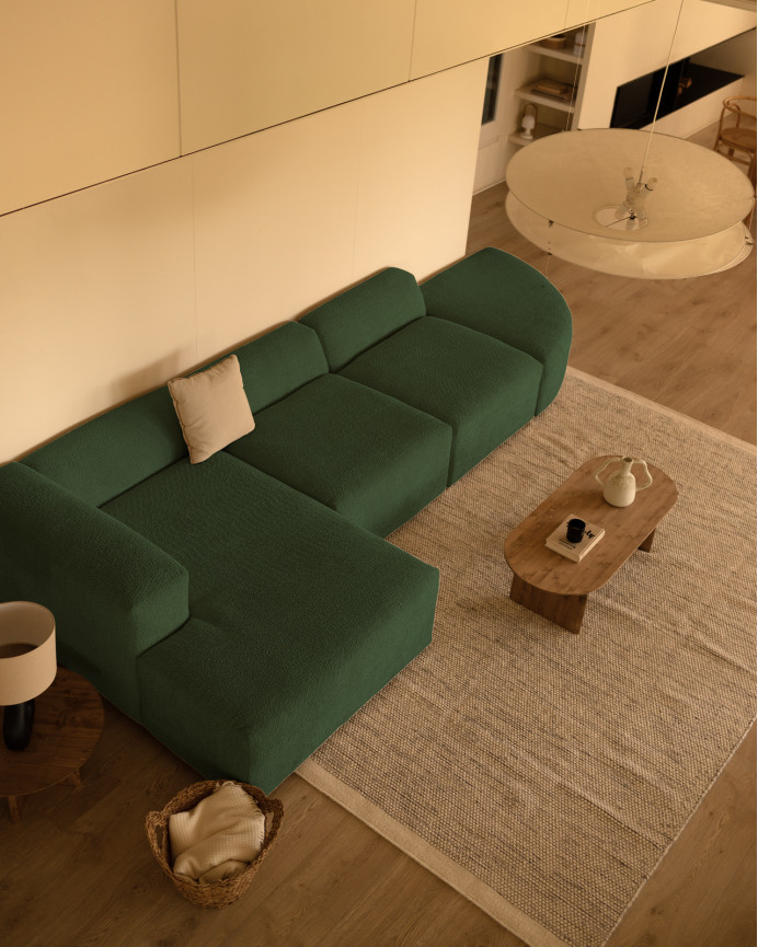 Sofá de 4 módulos curvo con chaise longue de bouclé color verde 410x172cm