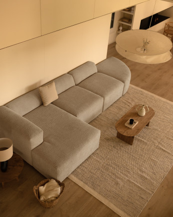 Sofá de 4 módulos curvo con chaise longue de bouclé color gris claro 410x172cm