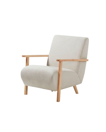 Butaca de madera maciza con asiento de tela en color beige de 82x70cm