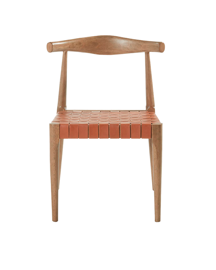 Silla de madera maciza con asiento trenzado marrón y patas en tono nogal de 77cm