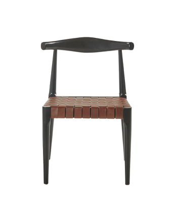 Silla de madera maciza con asiento trenzado marrón y patas en tono negro de 77cm 