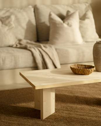 Mesa de centro de madera maciza en tono natural de 120x50 cm