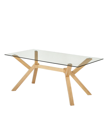 Mesa de comedor de cristal templado y patas de madera de 180cm