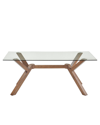 Mesa de comedor de cristal templado y patas de madera de 180cm