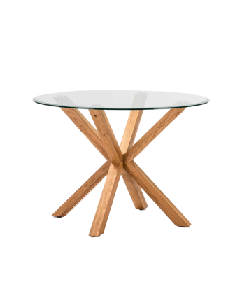 Mesa de comedor redonda de cristal templado y patas de madera de roble de 107cm Ø