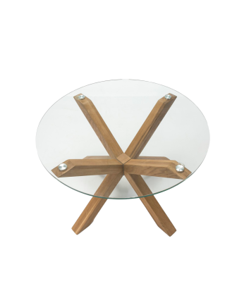 Mesa de comedor redonda de cristal templado y patas de madera de roble de 107cm Ø