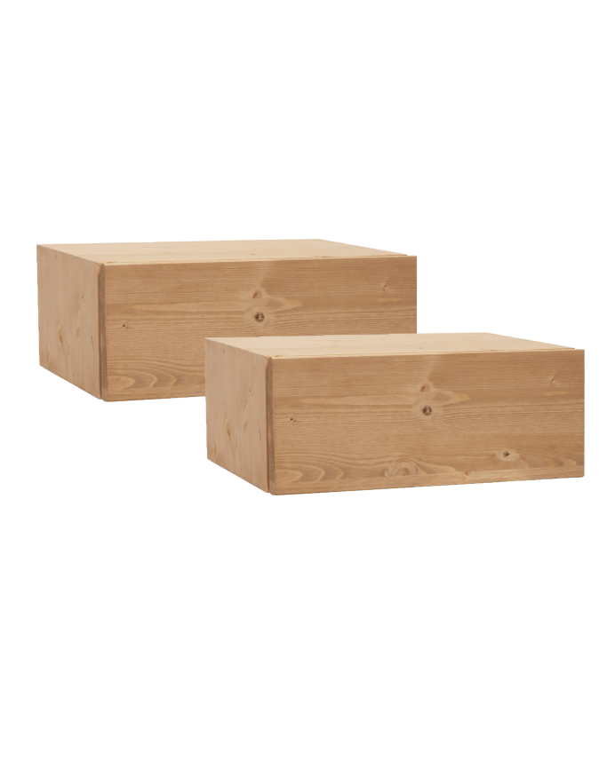 Pack de dos mesitas de noche de madera maciza flotante en tono roble medio de 40cm