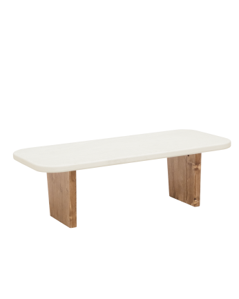 Mesa de centro de microcemento con dos patas de madera tono roble oscuro de 95cm