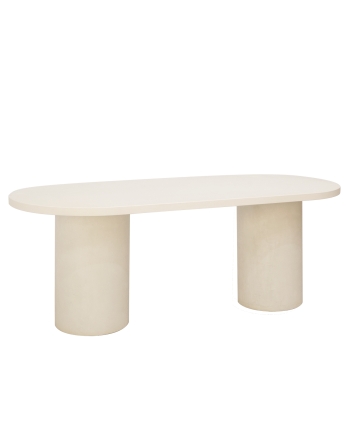 Mesa de comedor ovalada de microcemento en tono blanco roto de varias medidas