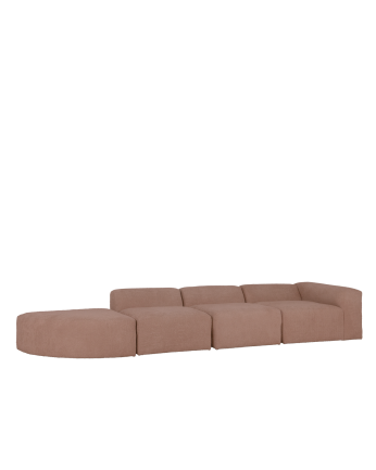 Sofá de 4 módulos con curva de bouclé color rosa 410x110cm