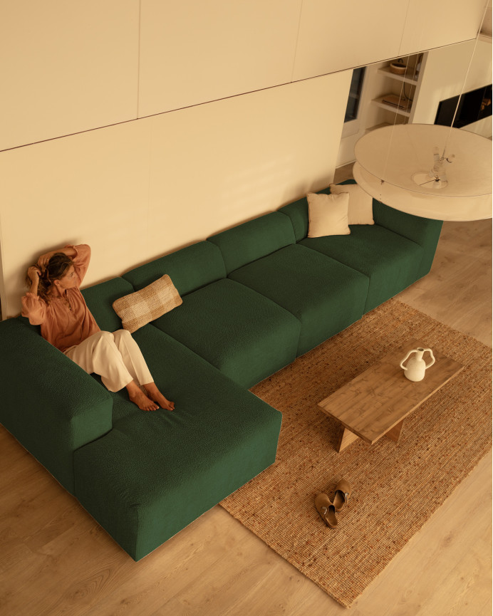 Sofá de 4 módulos con chaise longue de bouclé color verde 420x172cm
