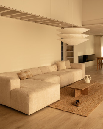 Sofá de 4 módulos con chaise longue de bouclé color beige 420x172cm