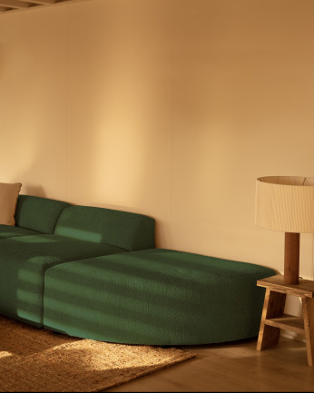 Sofá de 3 módulos con curva de bouclé color verde 320x110cm