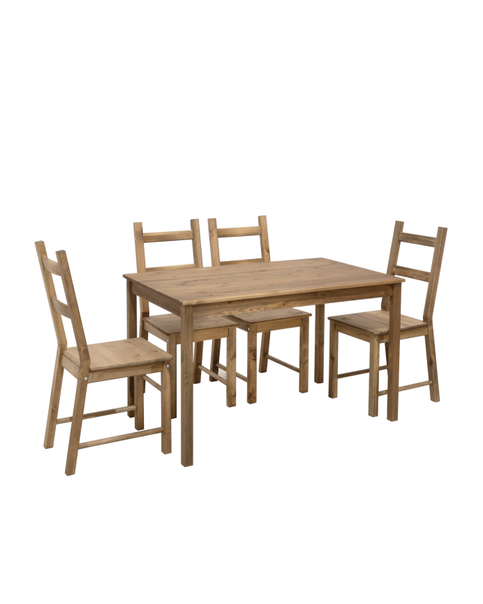 Pack mesa de comedor y 4 sillas de madera maciza en tono roble oscuro de 120cm