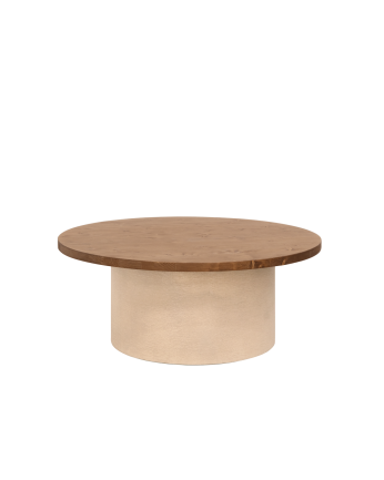 Mesa de centro redonda de madera maciza tono roble oscuro y pata de microcemento tono tierra de 80x30cm