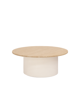 Mesa de centro redonda de mármol travertino y patas de microcemento tono beige de 80x30cm