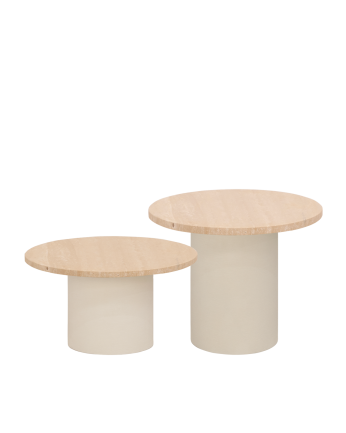 Mesa de centro redonda de mármol travertino y patas de microcemento tono beige de varias medidas