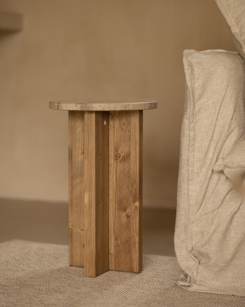 Mesa auxiliar de mármol daino reale y patas de madera maciza de Ø28cm