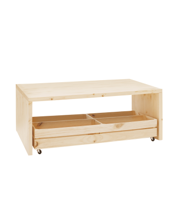 Mesa de centro de madera maciza en tono natural con ruedas de 120x45cm