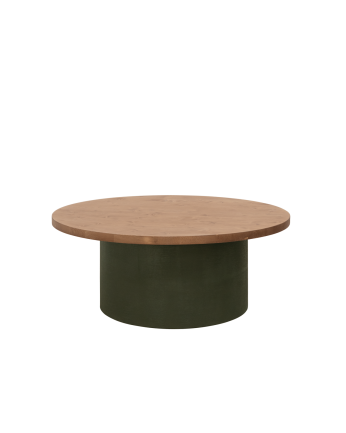 Mesa de centro redonda de madera maciza tono roble oscuro y pata de microcemento tono verde de 80x30cm