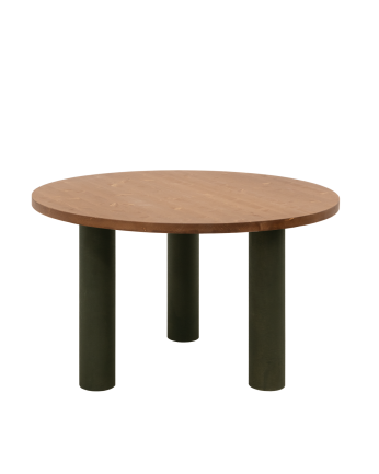 Mesa de comedor redonda de madera maciza tono roble oscuro y patas de microcemento en tono verde de varias medidas
