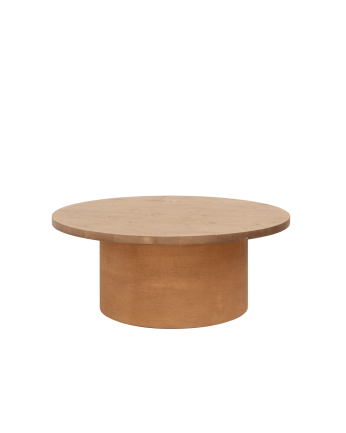 Mesa de centro redonda de madera maciza tono roble medio y pata de microcemento tono terracota de 80x30cm