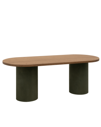 Mesa de comedor ovalada de madera maciza tono roble oscuro y patas de microcemento en tono verde de varias medidas