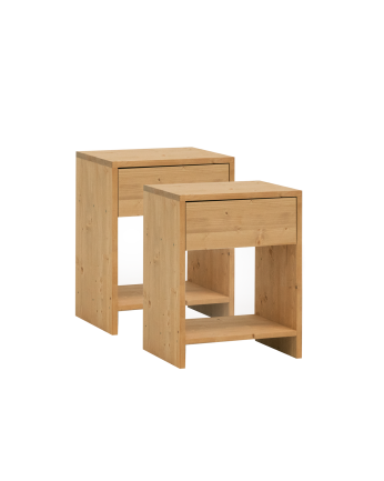 Pack de 2 mesitas de madera maciza con un cajón en tono roble medio de varias medidas