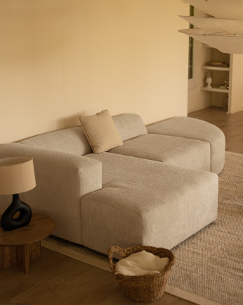 Sofá de 3 módulos curvo con chaise longue de bouclé color gris claro 320x172cm