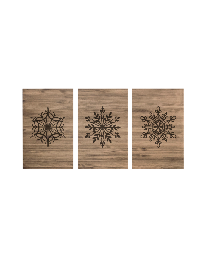 Cabecero tríptico de madera maciza estampado motivo Copos de nieve en tono roble oscuro de varias medidas 